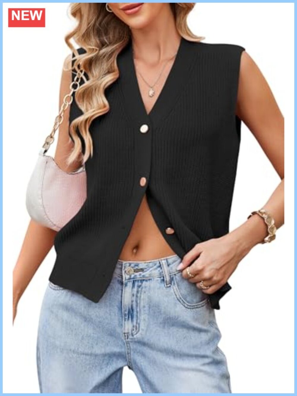 Sleeveless Button Down Sweater Vest Gold Button V Neck Knit Cardigan